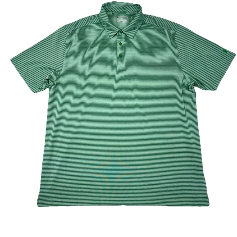 Under Armour Polo Shirt HeatGear Mens Size  2XL Green Gray Striped Short Sleeve